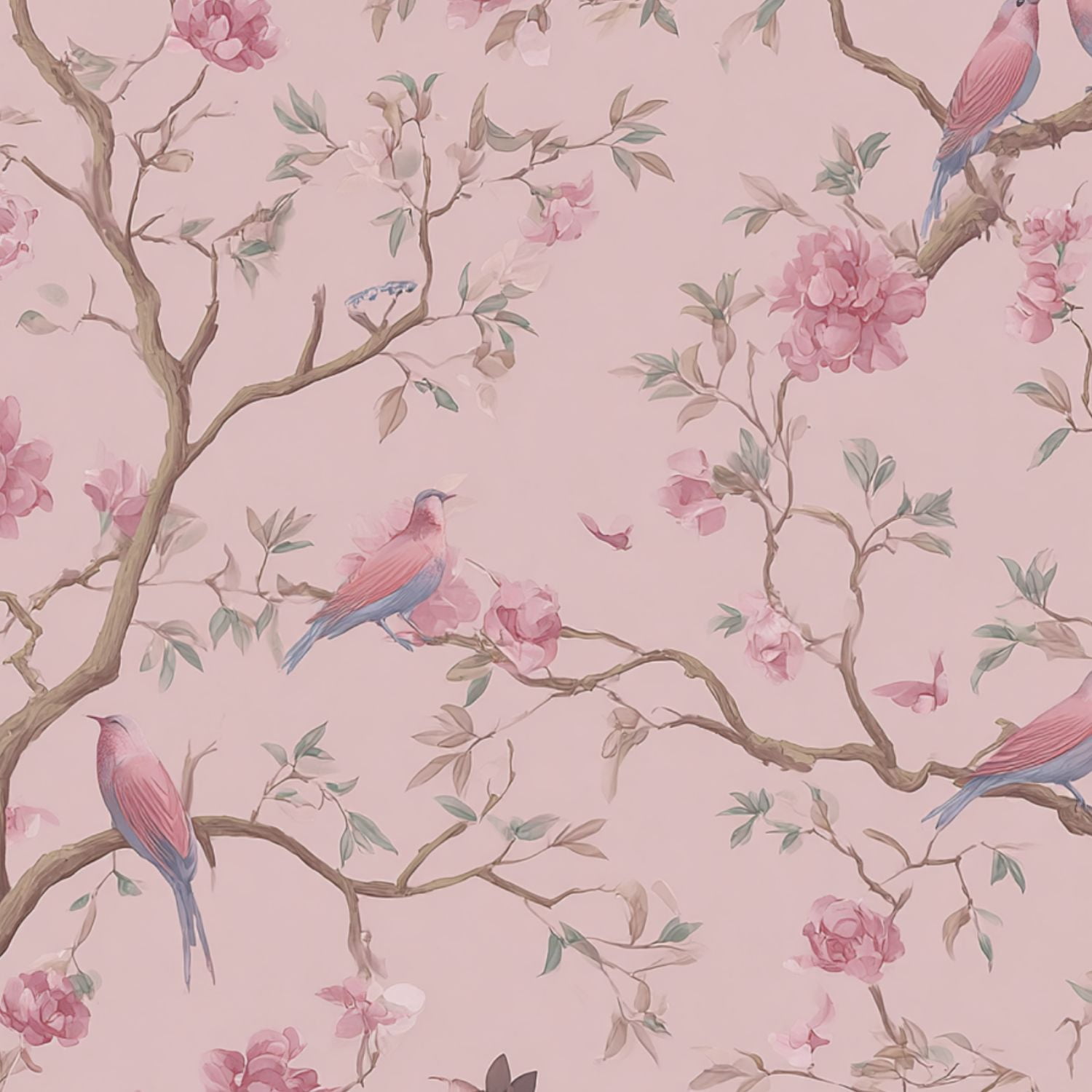 Peel and Stick Wallpaper Delicate Pink Floral Bird Branches Soft Pastel Colors Wall Mural 17.7in x 9.8ft Self Adhesive Removable Wall Paper Renter Friendly Wallpaper for Nursery Bedroom Cabinets