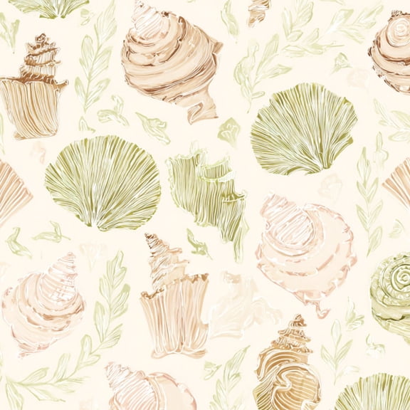 Peel and Stick Wallpaper Delicate Seashells Soft Green Earth Tones Wall Mural 17.7in x 9.8ft Self Adhesive Removable Wall Paper Renter Friendly Wallpaper for Nursery Bedroom Cabinets