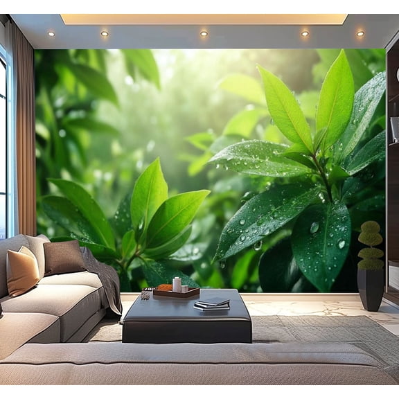 Peel and Stick Wallpaper Dewdrops Green Leaf Botanical Forest Sunlight 3D Nature Living Room Modern Art Wall Mural Decor Self Adhesive and Removable 100in x 144in