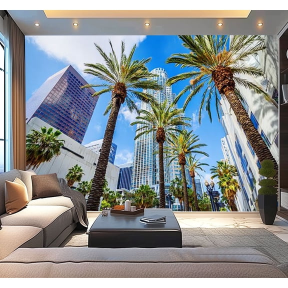 Peel and Stick Wallpaper Downtown Los Angeles California skyline cityscape skyscrapers palm Modern Art Wall Mural Decor Self Adhesive and Removable 100in x 144in