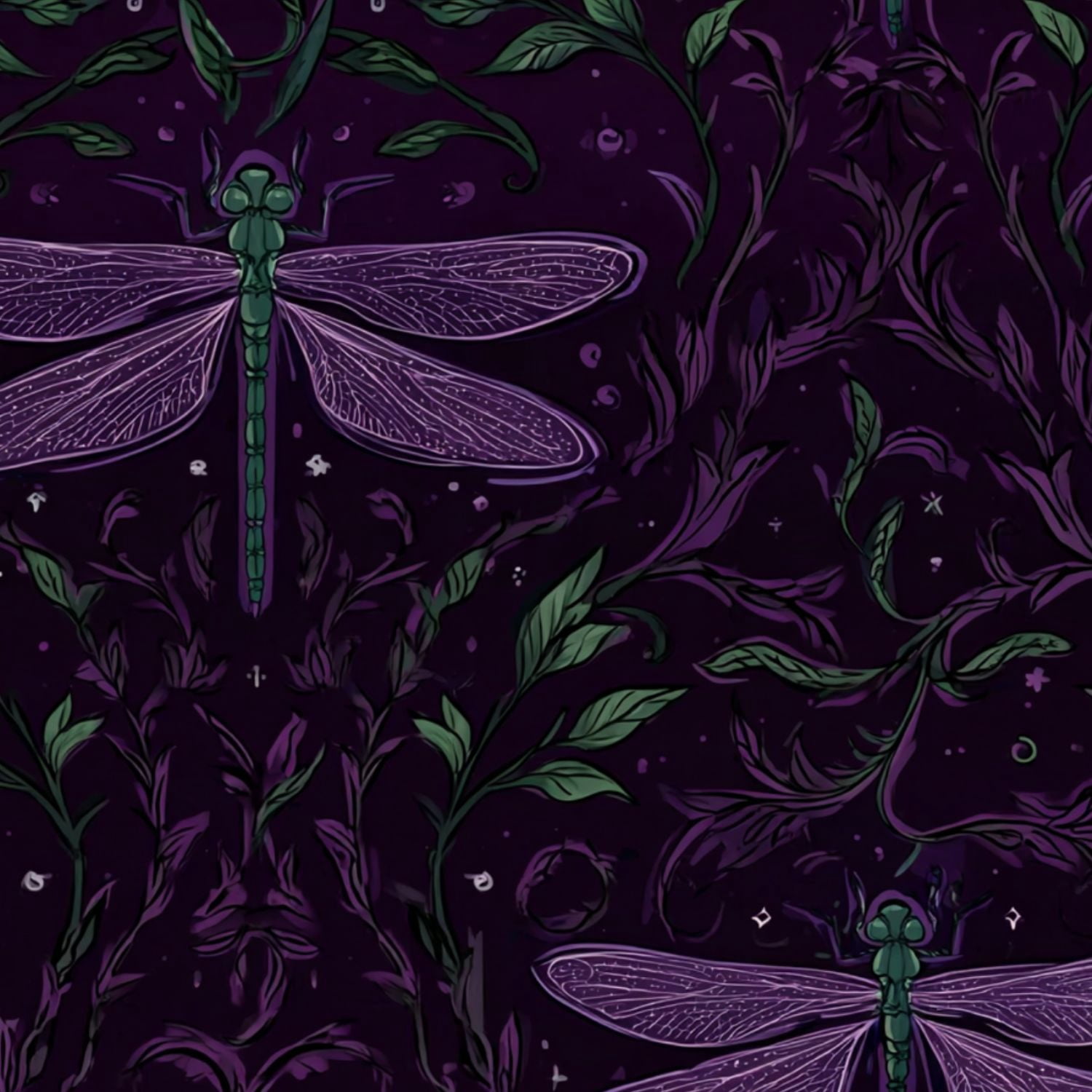 Peel and Stick Wallpaper Dragonfly Botanical Purple Night Foliage Hand Drawn Wall Mural 17.7in x 9.8ft Self Adhesive Removable Wall Paper Renter Friendly Wallpaper for Nursery Bedroom Cabinets
