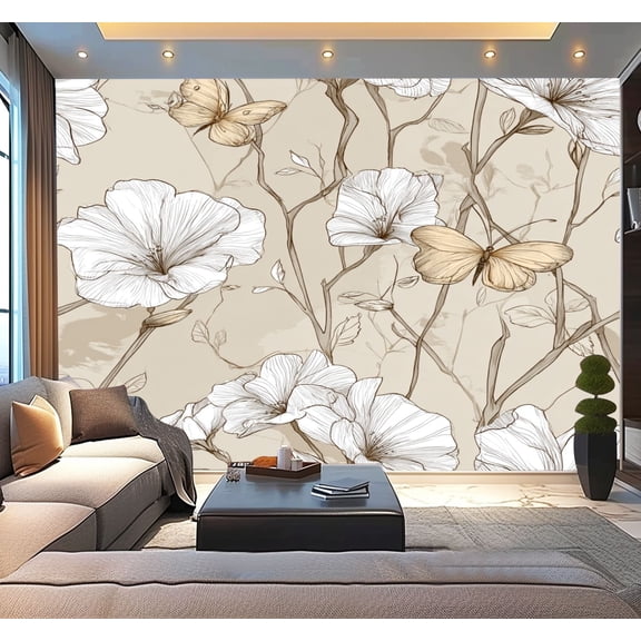 Peel and Stick Wallpaper Dusky Neutrals Stylized Flowers Butterfly Motif Floral Petals Curved Modern Art Wall Mural Decor Self Adhesive and Removable 100in x 144in