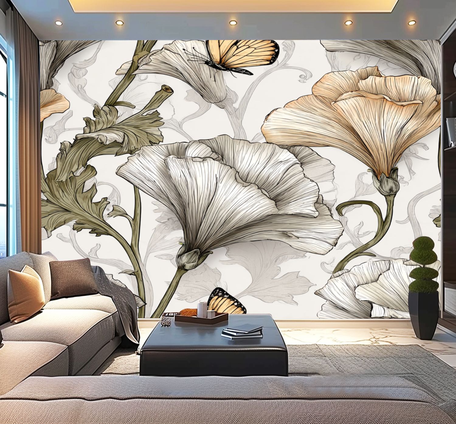 Peel and Stick Wallpaper Dusky Neutrals Stylized Flowers Butterfly Motif Floral Petals Curved Modern Art Wall Mural Decor Self Adhesive and Removable 100in x 144in