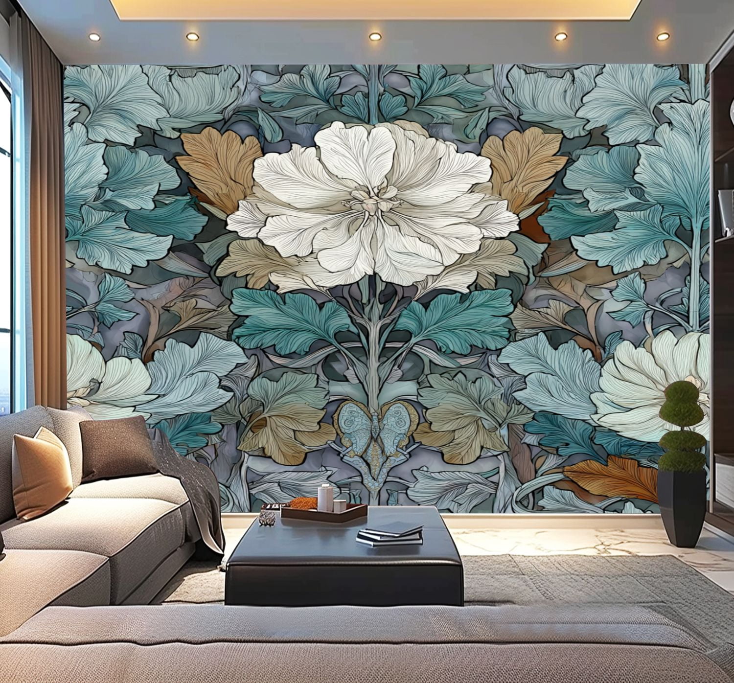 Peel and Stick Wallpaper Dusky Neutrals Stylized Flowers Butterfly Motif Floral Petals Curved Modern Art Wall Mural Decor Self Adhesive and Removable 100in x 144in