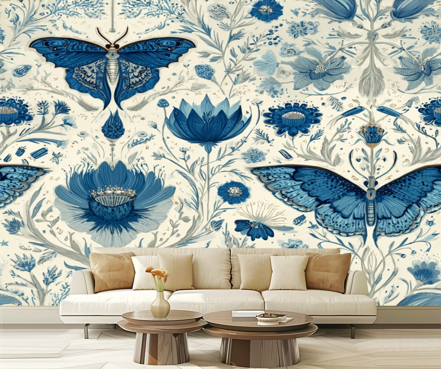 Peel and Stick Wallpaper Dusky Neutrals Stylized Flowers Butterfly Motif Floral Petals Curved Modern Art Wall Mural Decor Self Adhesive and Removable 69in x 98in