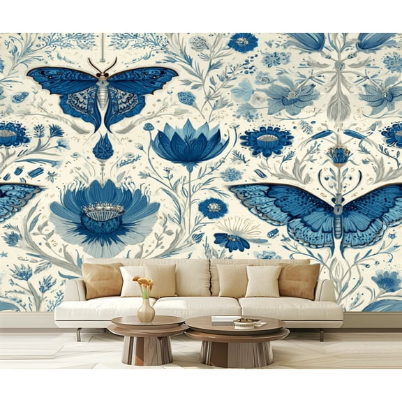 Peel and Stick Wallpaper Dusky Neutrals Stylized Flowers Butterfly Motif Floral Petals Curved Modern Art Wall Mural Decor Self Adhesive and Removable 69in x 98in