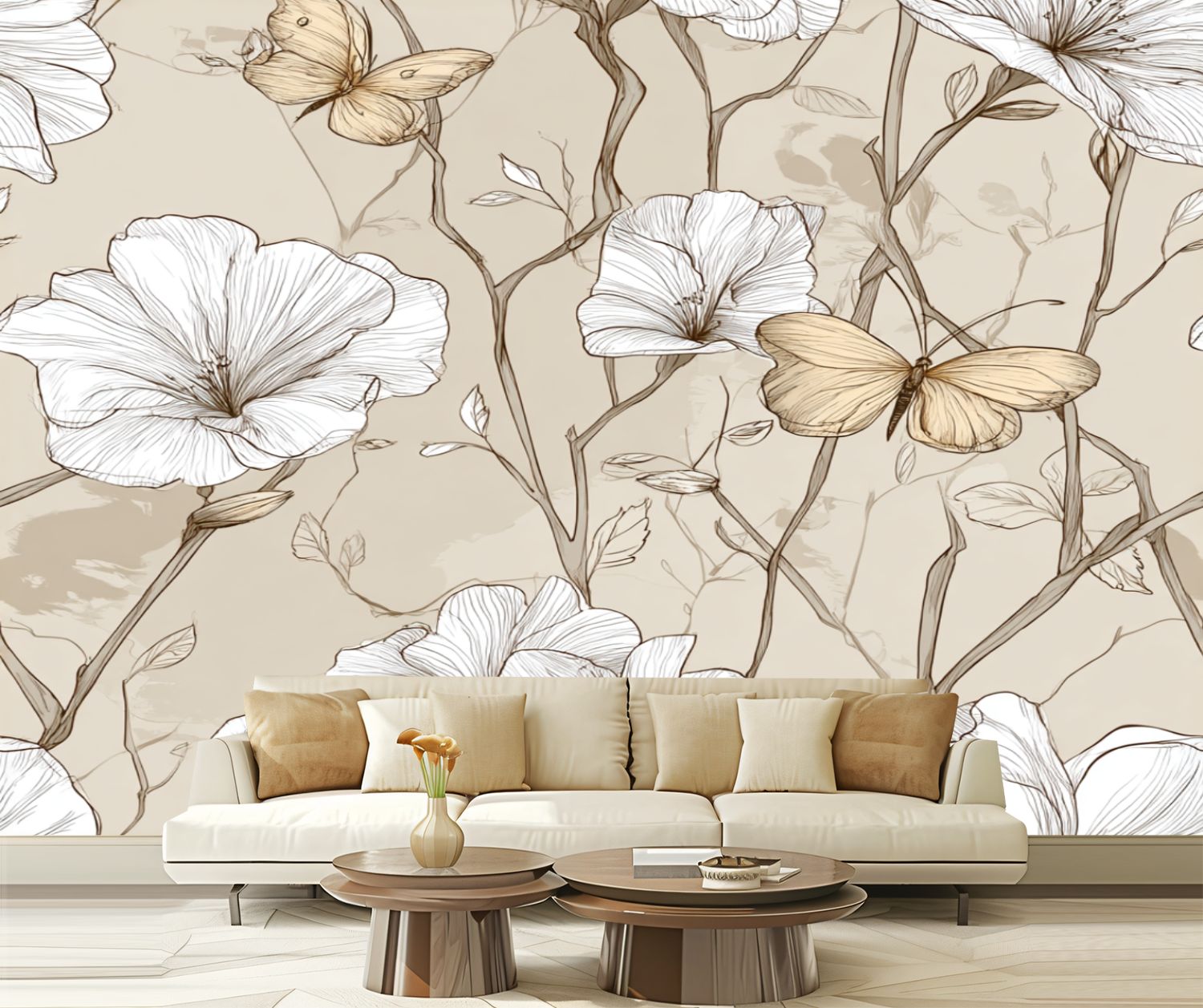 Peel and Stick Wallpaper Dusky Neutrals Stylized Flowers Butterfly Motif Floral Petals Curved Modern Art Wall Mural Decor Self Adhesive and Removable 69in x 98in