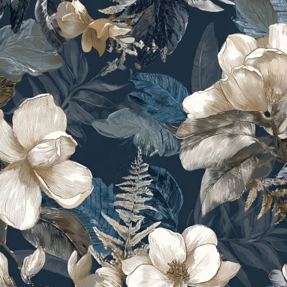 Peel and Stick Wallpaper Elegant Botanical Floral Cream Flowers Blue Leaves Dark Wall Mural 17.7in x 9.8ft Self Adhesive Removable Wall Paper Renter Friendly Wallpaper for Bedroom Nursery Living Room