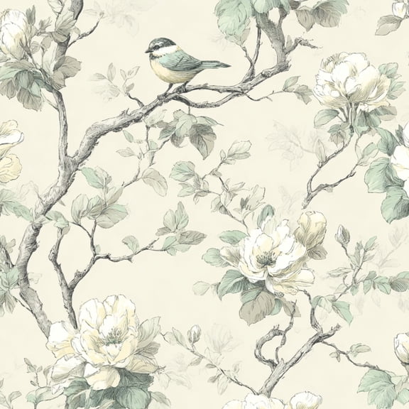Peel and Stick Wallpaper Elegant Botanical White Peonies Green Leaves Perched Songbird Branches 17.7in x 118in Contact Paper Removable Self Adhesive Wall Mural Wall Decor for Bedroom Kitchen Cabinets