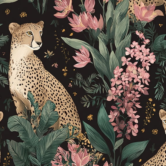 Peel and Stick Wallpaper Elegant Cheetah Jungle Pink Flowers Green Foliage Dark Wall Mural 17.7in x 9.8ft Self Adhesive Removable Wall Paper Renter Friendly Wallpaper for Nursery Bedroom Cabinets