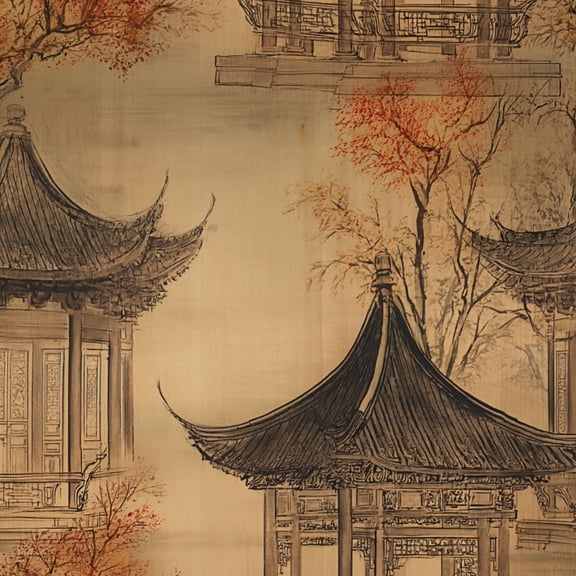 Peel and Stick Wallpaper Elegant Chinese Pavilions Autumn Trees Artistic Ink Style Wall Mural 17.7in x 9.8ft Self Adhesive Removable Wall Paper Renter Friendly Wallpaper for Bedroom Livingroom