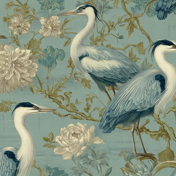 Peel and Stick Wallpaper Elegant Crane Birds Floral Vintage Asian Blue Beige Wall Mural 23.6in x 9.8ft Self Adhesive Removable Wall Paper Renter Friendly Wallpaper for Nursery Bedroom Cabinets