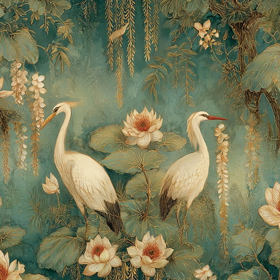 Peel and Stick Wallpaper Elegant Crane Birds Lotus Flowers Soft Pastel Green Gold Tones Wall Mural 23.6in x 9.8ft Self Adhesive Removable Wall Paper Renter Friendly Wallpaper for Nursery Bedroom