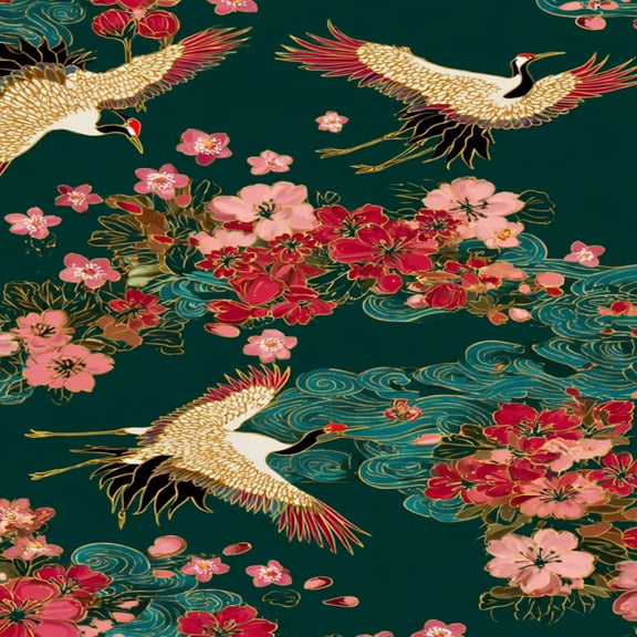 Peel and Stick Wallpaper Elegant Cranes Pink Floral Dark Green Wildlife Wall Mural 23.6in x 9.8ft Self Adhesive Removable Wall Paper Renter Friendly Wallpaper for Nursery Bedroom Cabinets