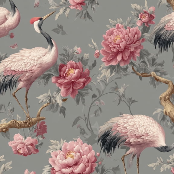 Peel and Stick Wallpaper Elegant Cranes Pink Peonies Chinoiserie Floral Grey Wall Mural 17.7in x 9.8ft Self Adhesive Removable Wall Paper Renter Friendly Wallpaper for Nursery Bedroom Cabinets