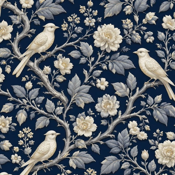 Peel and Stick Wallpaper Elegant Cream Birds Flowers Deep Blue 17.7in x 118in Contact Paper Removable Self Adhesive Wall Mural Wall Decor for Bedroom Kitchen Cabinets