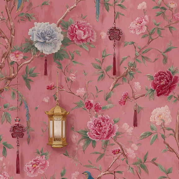 Peel and Stick Wallpaper Elegant Floral Peonies Birds Lanterns Pink Wall Mural 17.7in x 9.8ft Waterproof Self Adhesive Wall Paper Contact Paper for Bedroom Walls Cabinet Locker