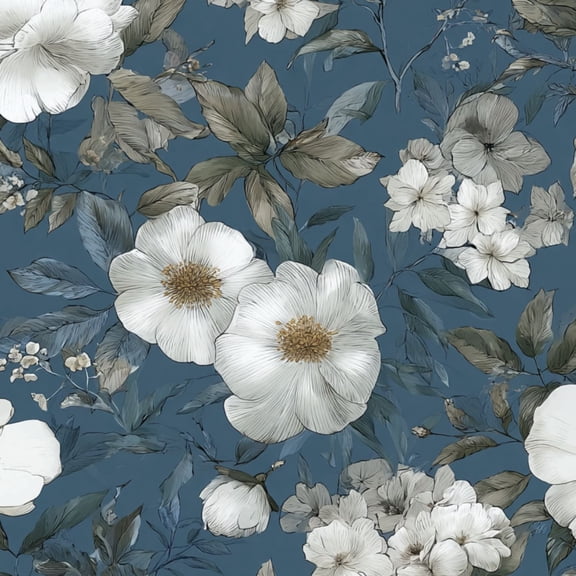 Peel and Stick Wallpaper Elegant Floral White Cream Flowers Blue Wall Mural 17.7in x 9.8ft Self Adhesive Removable Wall Paper Renter Friendly Wallpaper for Nursery Bedroom Cabinets