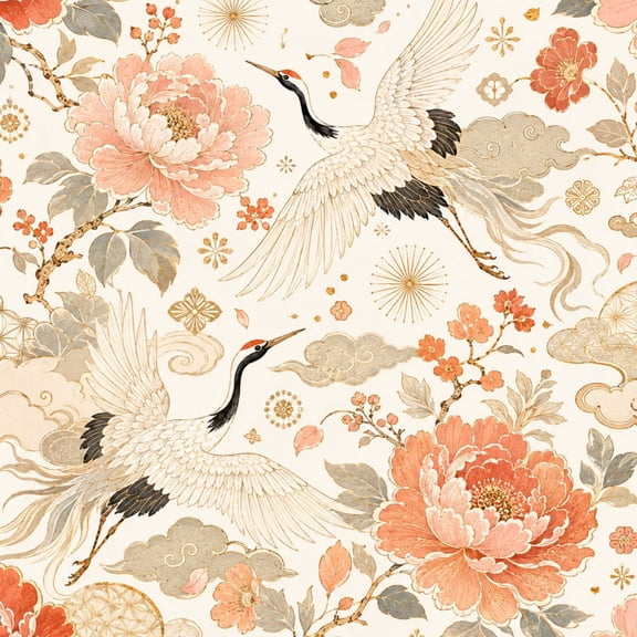 Peel and Stick Wallpaper Elegant Japanese Crane Floral Vintage Pastel Colors 17.7in x 118in Contact Paper Removable Self Adhesive Wall Mural Wall Decor for Bedroom Kitchen Cabinets