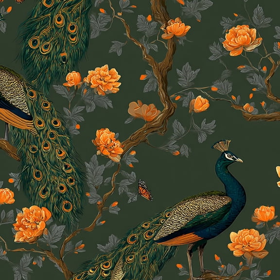 Peel and Stick Wallpaper Elegant Peacock Orange Floral Dark Green Wall Mural 17.7in x 9.8ft Self Adhesive Removable Wall Paper Renter Friendly Wallpaper for Nursery Bedroom Cabinets
