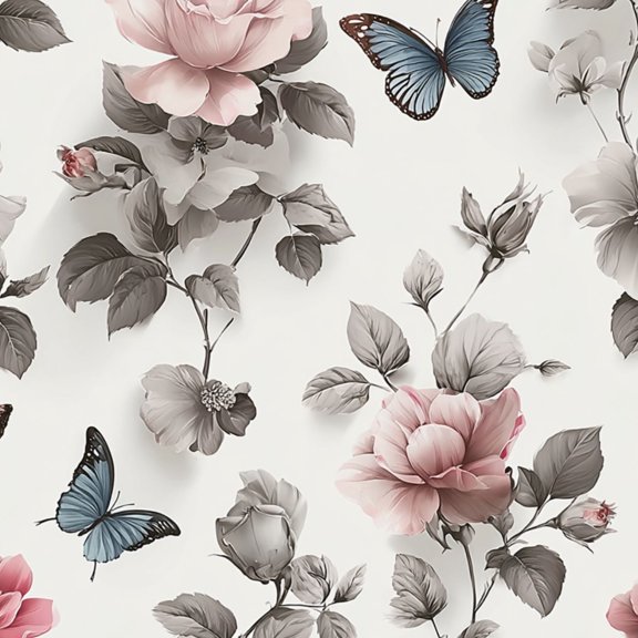 Peel and Stick Wallpaper Elegant Pink Gray Floral Butterflies Romantic Botanical Wall Mural 23.6in x 9.8ft Self Adhesive Removable Wall Paper Renter Friendly Wallpaper for Nursery Bedroom Cabinets