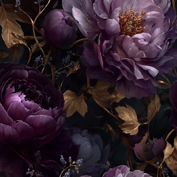 Peel and Stick Wallpaper Elegant Purple Peonies Golden Leaves Dark Wall Mural 23.6in x 9.8ft Self Adhesive Removable Wall Paper Renter Friendly Wallpaper for Nursery Bedroom Cabinets