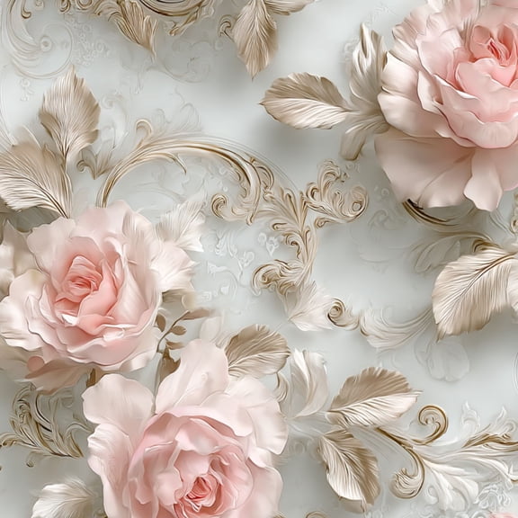 Peel and Stick Wallpaper Elegant Rose Soft Pink Flowers Ornate Gold Detailing Wall Mural 17.7in x 9.8ft Self Adhesive Removable Wall Paper Renter Friendly Wallpaper for Bedroom