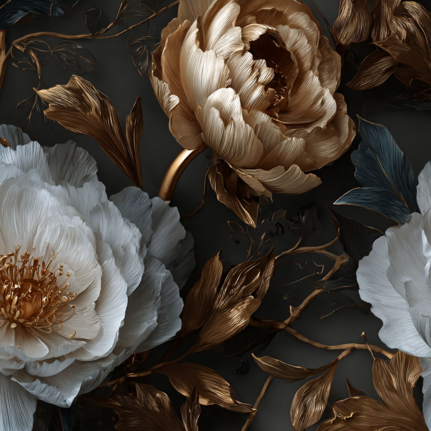 Peel and Stick Wallpaper Elegant White Gold Floral Design Peonies ...