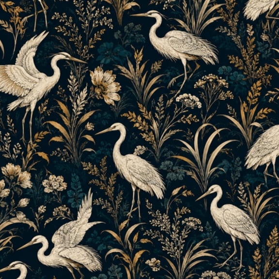 Peel and Stick Wallpaper Elegant White Herons Golden Floral Dark Wall Mural 17.7in x 9.8ft Self Adhesive Removable Wall Paper Renter Friendly Wallpaper for Nursery Bedroom Cabinets