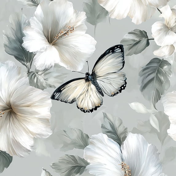 Peel and Stick Wallpaper Elegant White Hibiscus Flowers Butterfly Soft Gray Wall Mural 23.6in x 9.8ft Self Adhesive Removable Wall Paper Renter Friendly Wallpaper for Nursery Bedroom Cabinets