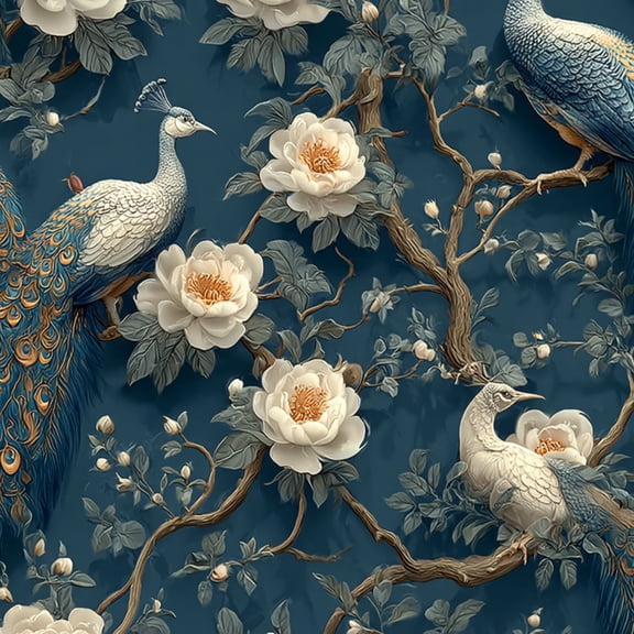 Peel and Stick Wallpaper Elegant White Peacocks Large White Flowers Dark Blue Wall Mural 17.7in x 9.8ft Self Adhesive Removable Wall Paper Renter Friendly Wallpaper for Nursery Bedroom Cabinets