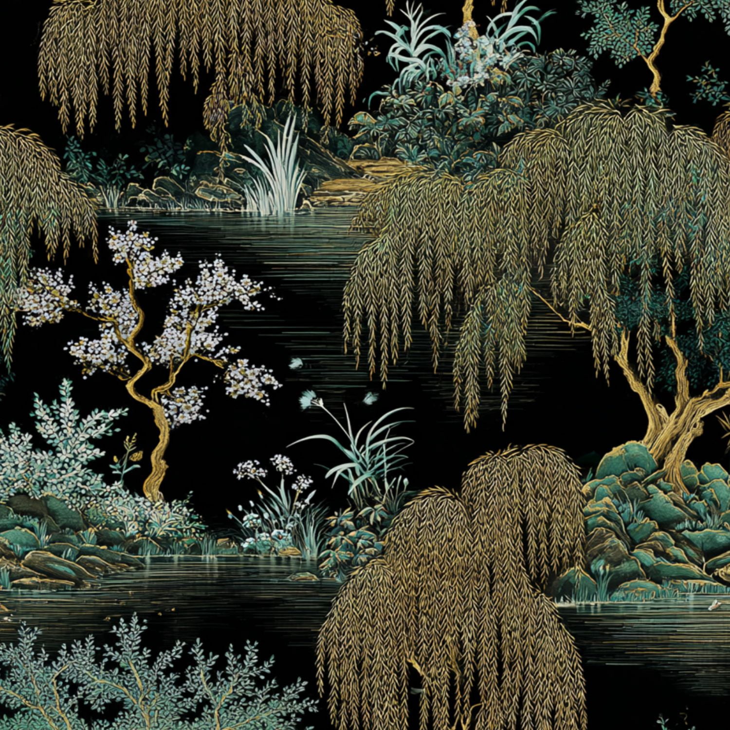 Peel and Stick Wallpaper Elegant Willow Blossom Garden Dark Wall Mural 23.6in x 9.8ft Self Adhesive Removable Wall Paper Renter Friendly Wallpaper for Bedroom Nursery Living Room