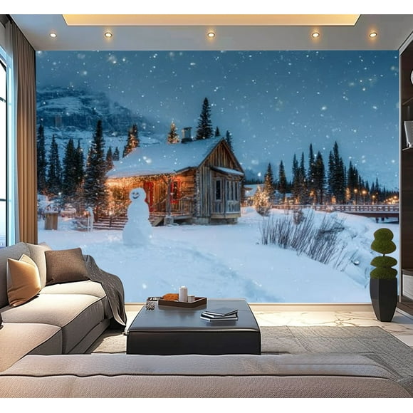 Peel and Stick Wallpaper Emerald Lake wooden cottage snowman falling snow Yoho national park Modern Art Wall Mural Decor Self Adhesive and Removable 100in x 144in