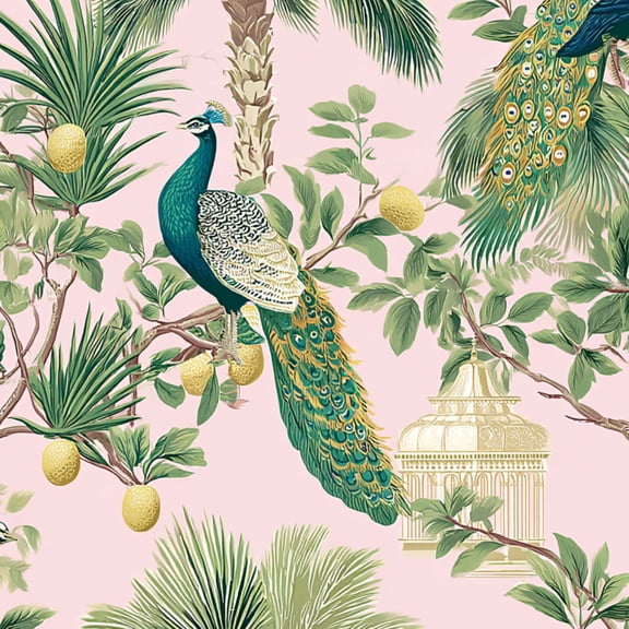 Peel and Stick Wallpaper Exotic Peacock Tropical Foliage Golden Fruits Birdcage Wall Mural 23.6in x 9.8ft Self Adhesive Removable Wall Paper Renter Friendly Wallpaper for Nursery Bedroom Cabinets