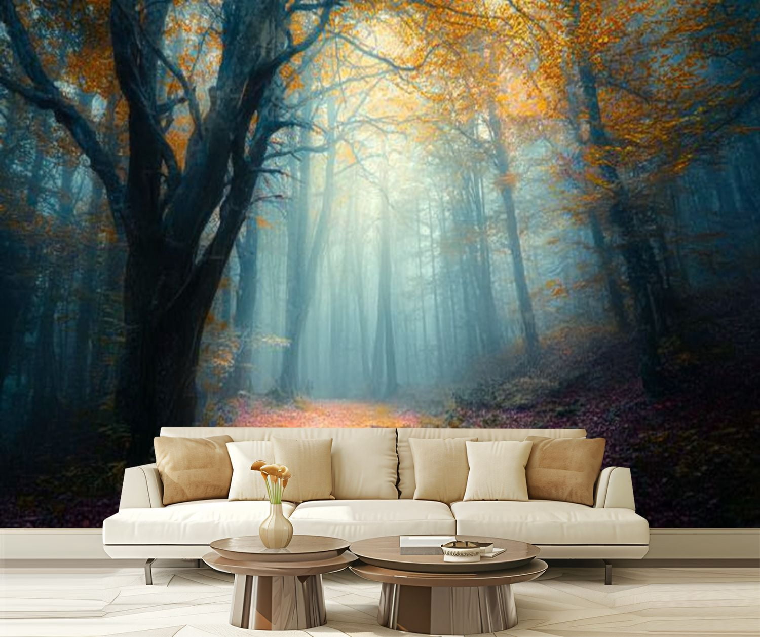 Peel and Stick Wallpaper Fairy forest fog Fall woods autumn forest fog morning Old Tree Modern Art Wall Mural Decor Self Adhesive and Removable 69in x 98in