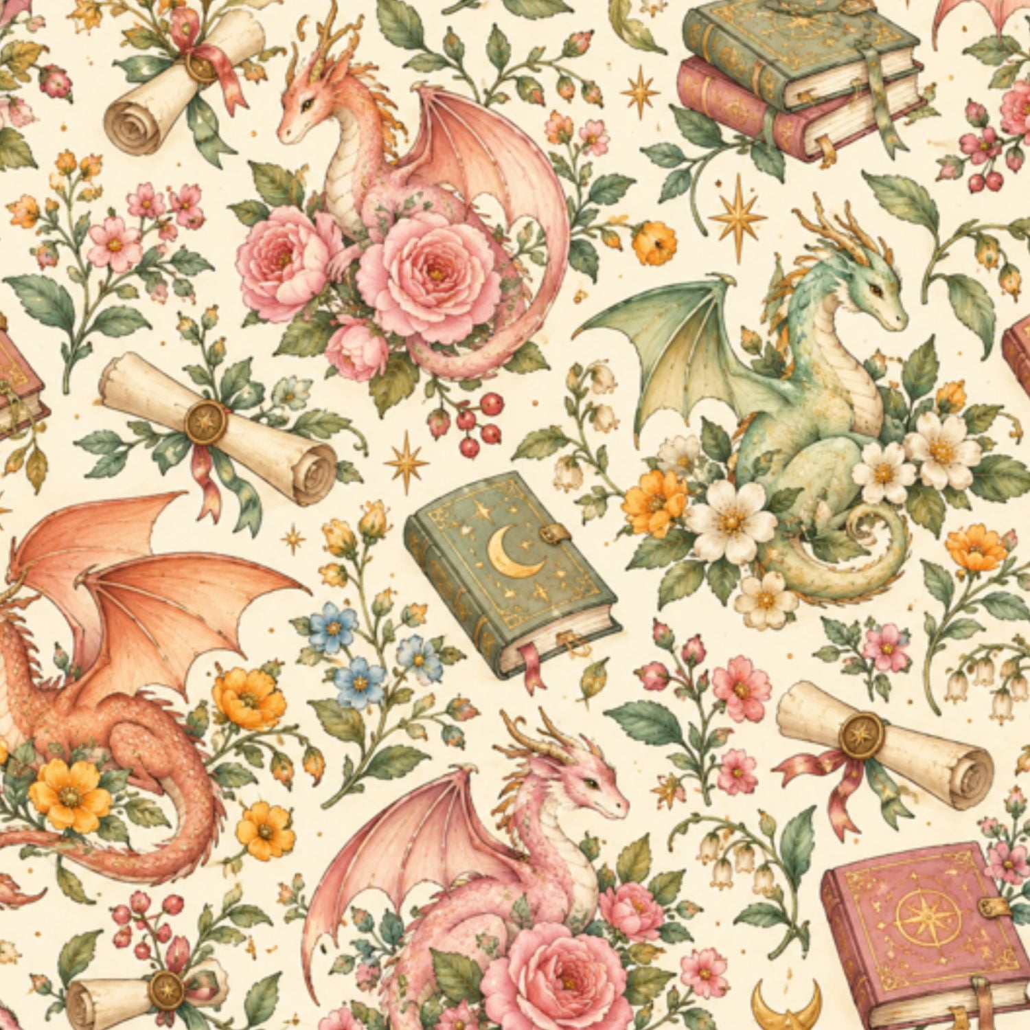 Peel and Stick Wallpaper Fantasy Dragon Antique Books cute Flowers Tea ...