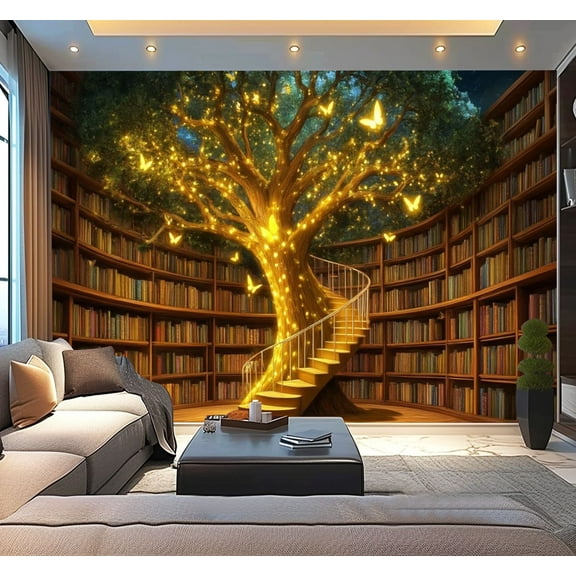 Peel and Stick Wallpaper Fantasy Library Magical Bookshelf Enchanting Butterflies Tree Books Modern Art Wall Mural Decor Self Adhesive and Removable 100in x 144in