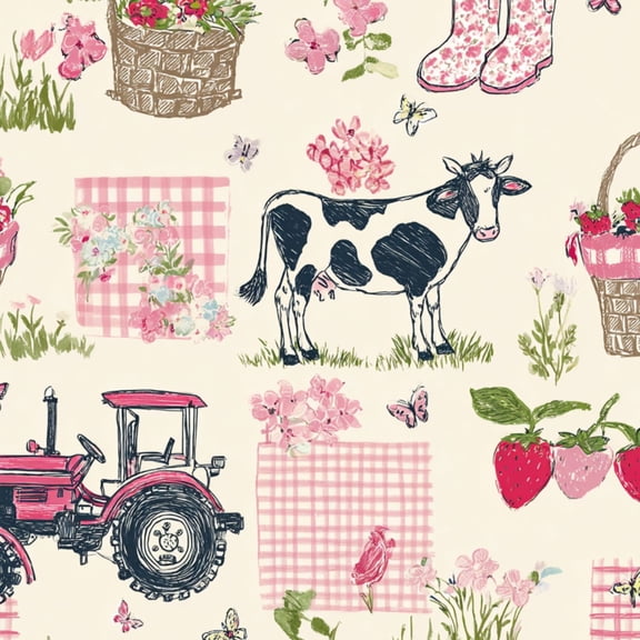 Peel and Stick Wallpaper Farmhouse Cow Tractor Pink Strawberries Butterflies Wall Mural 23.6in x 9.8ft Self Adhesive Removable Wall Paper Renter Friendly Wallpaper for Kids Bedroom Kitchen Nursery
