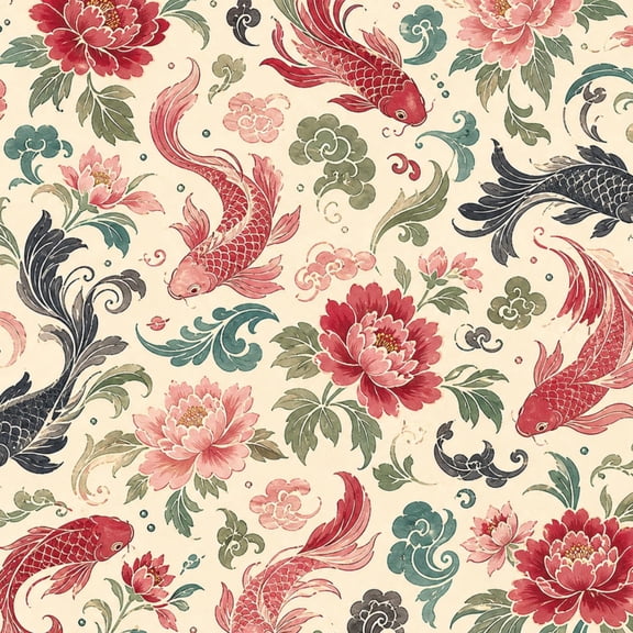 Peel and Stick Wallpaper Fish Peony Vintage Floral Asian Inspired Botanical Motifs Red 17.7in x 118in Contact Paper Removable Self Adhesive Wall Mural Wall Decor for Bedroom Kitchen Cabinets