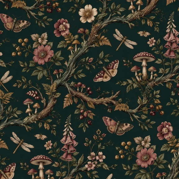 Peel and Stick Wallpaper Floral Botanical Butterflies Dragonflies Mushrooms Dark Green Wall Mural 23.6in x 9.8ft Self Adhesive Removable Wall Paper Renter Friendly Wallpaper for Cabinets