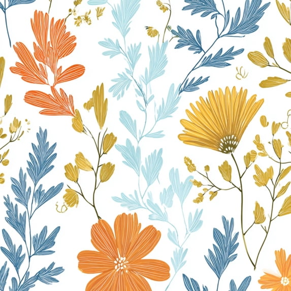 Peel and Stick Wallpaper Floral Botanical Orange Blue Flowers Leaves Wall Mural 17.7in x 9.8ft Self Adhesive Removable Wall Paper Renter Friendly Wallpaper for Nursery Bedroom Cabinets