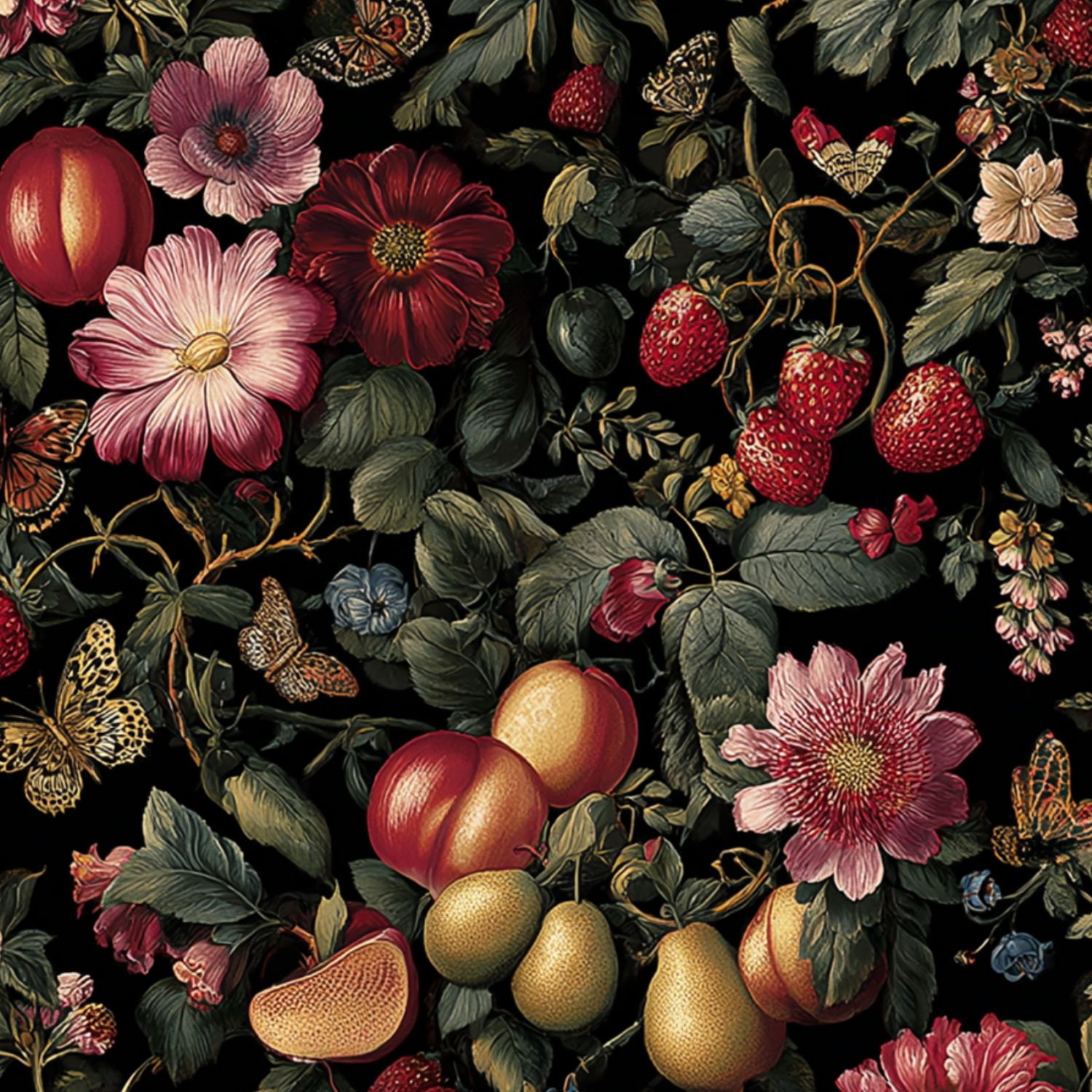 Peel and Stick Wallpaper Floral Botanical Vintage Flowers Fruits Butterflies Dark Wall Mural 23.6in x 9.8ft Self Adhesive Removable Wall Paper Renter Friendly Wallpaper for Nursery Bedroom Cabinets