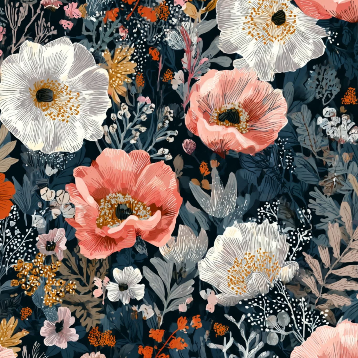 Peel and Stick Wallpaper Floral Botanical Vintage Wildflowers Dark Blue ...