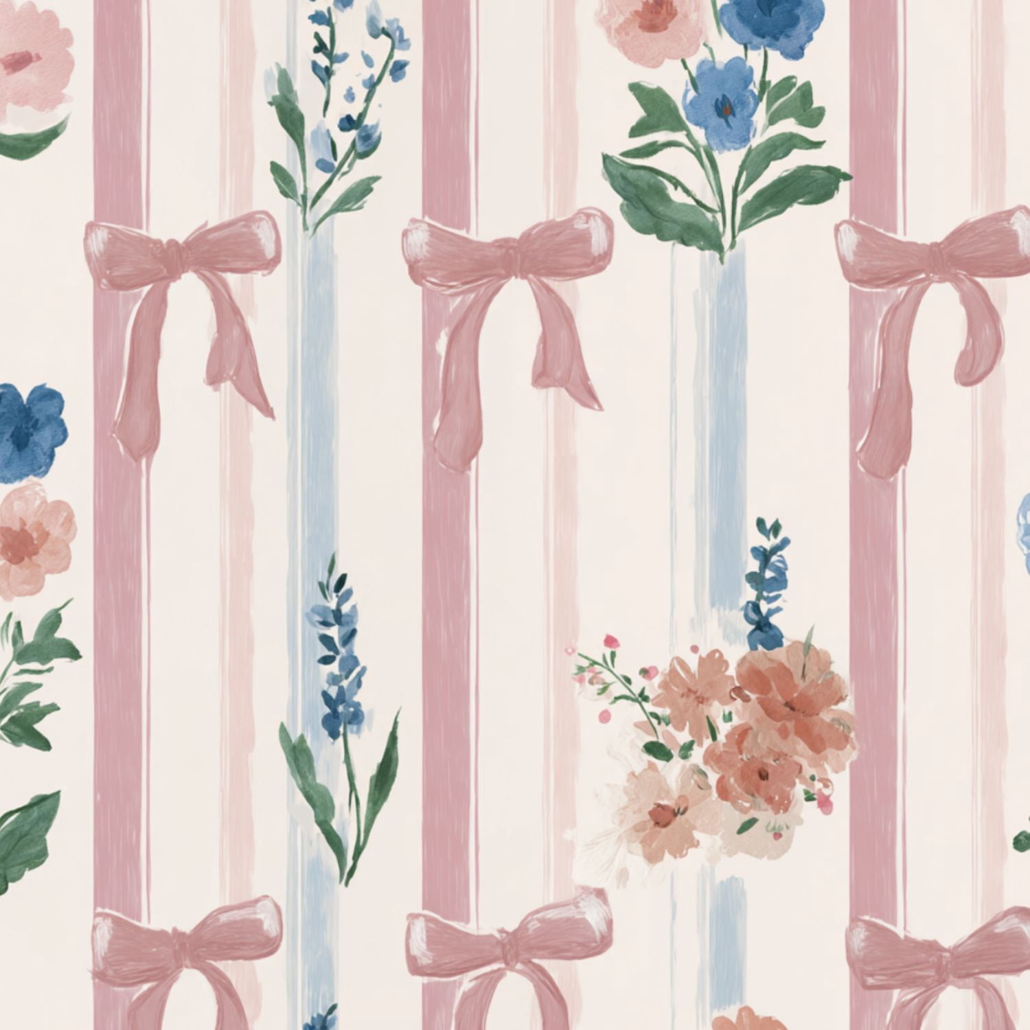 Peel and Stick Wallpaper Floral Bow Pastel Vertical Stripes Watercolor ...