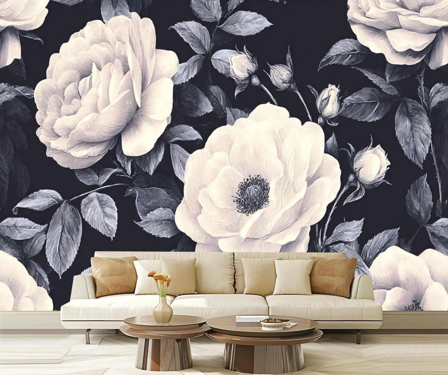 Peel and Stick Wallpaper Floral Dark Vintage White Peony Flower Roses Leaves Flowers Buds Modern Art Wall Mural Decor Self Adhesive and Removable 69in x 98in