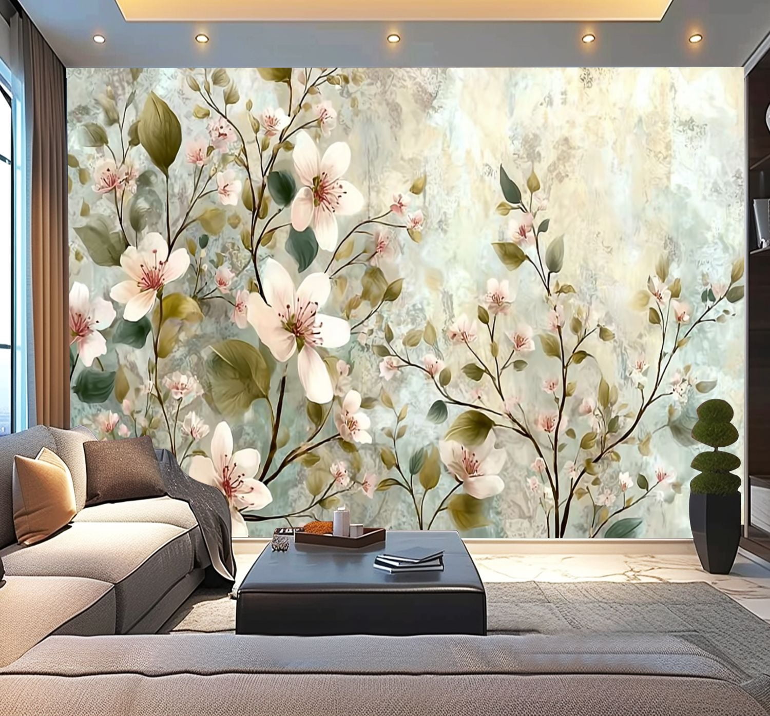 Peel and Stick Wallpaper Floral Flower Tree Modern Sage Green Decorative Floral Branches Cherry Modern Art Wall Mural Decor Self Adhesive and Removable 100in x 144in