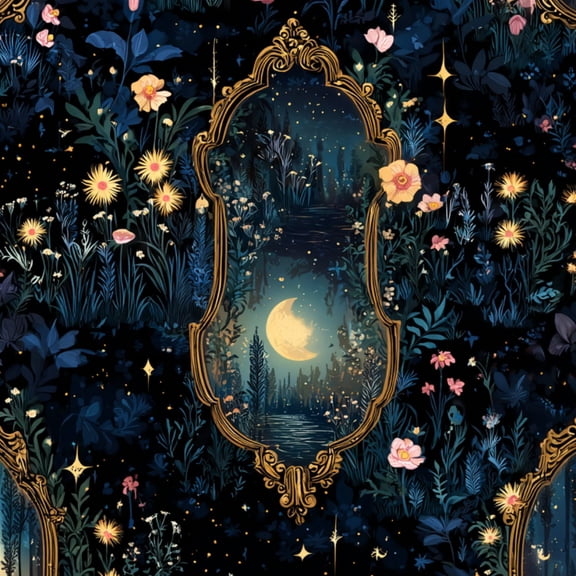 Peel and Stick Wallpaper Floral Garden Ornate Gold Frames Crescent Moon Night Forest Wall Mural 17.7in x 9.8ft Self Adhesive Removable Wall Paper Renter Friendly Wallpaper for Nursery Bedroom