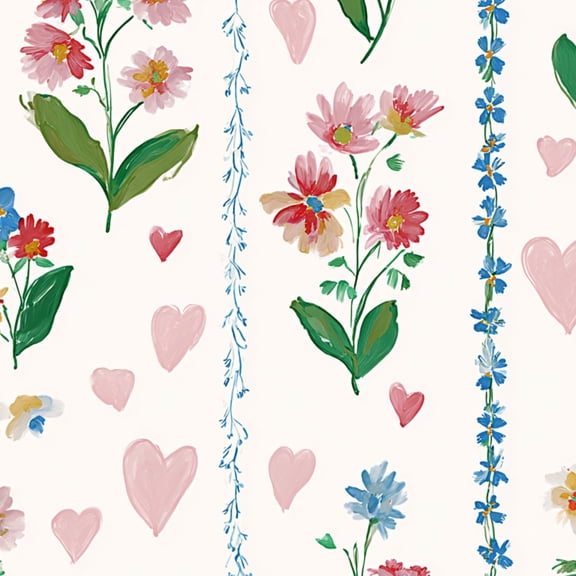 Peel and Stick Wallpaper Floral Hand Painted Wildflowers Pink Hearts Blue Botanical Stripes Wall Mural 23.6in x 9.8ft Self Adhesive Removable Wall Paper Renter Friendly Wallpaper for Bedroom