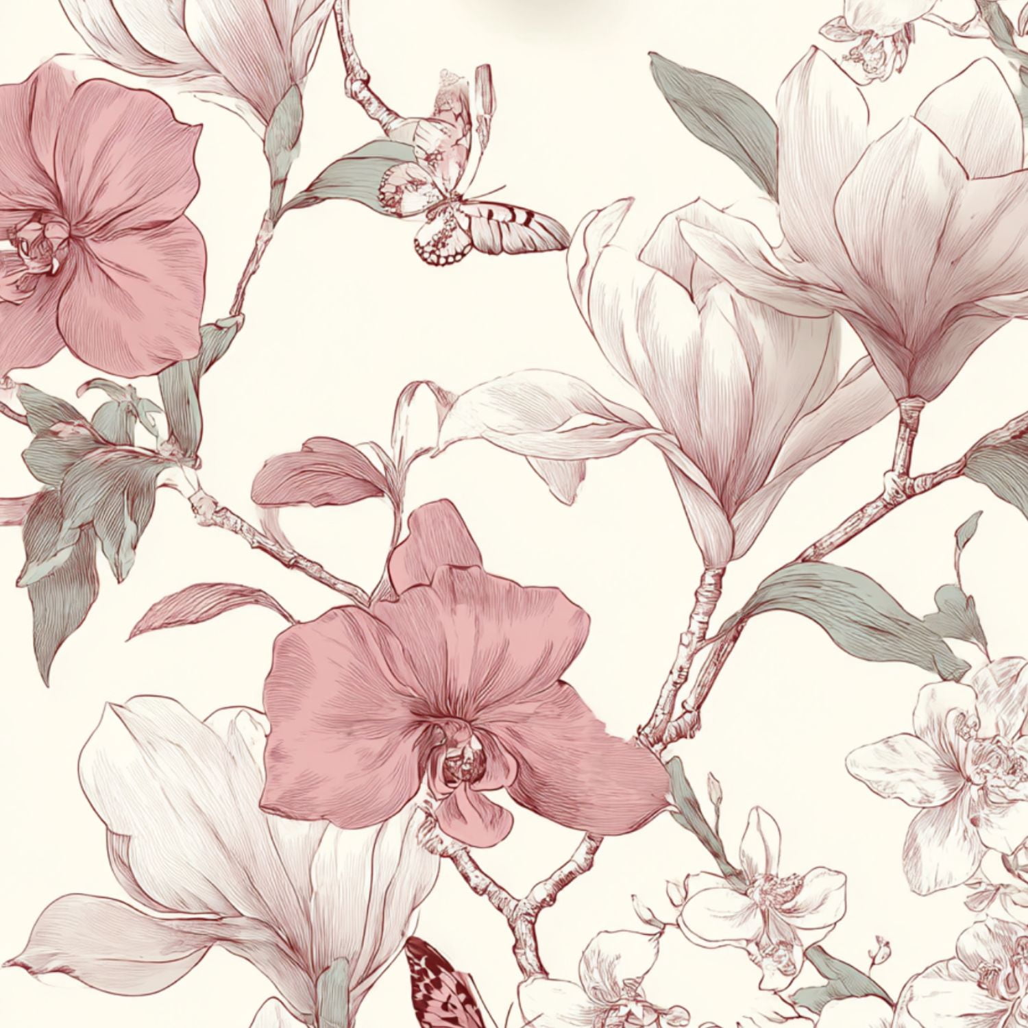 Peel and Stick Wallpaper Floral Magnolia Butterflies boho Pink Botanical Wall Mural 23.6in x 9.8ft Self Adhesive Removable Wall Paper Renter Friendly Wallpaper for Girls Women Bedroom Livingroom