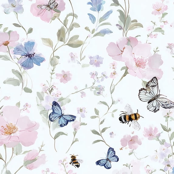 Peel and Stick Wallpaper Floral Watercolor Butterflies Bees Wall Mural 17.7in x 9.8ft Self Adhesive Removable Wall Paper Renter Friendly Wallpaper for Nursery Bedroom Cabinets